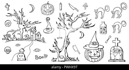 Ensemble d'éléments dessinés à la main, dessin animé de doodle Halloween. Les créatures d'Halloween. Dessin en noir et blanc. Doodles isolé sur fond blanc Illustration de Vecteur