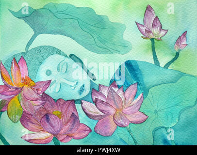 Buddha silhouette en couleurs bleu et lotuseswth doucement arrière-plan flou Banque D'Images