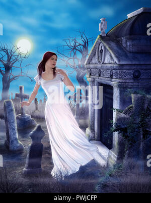 Une magnifique femme ghost griefing un amour perdu dans un cimetière antique spooky, peinture 3D render Banque D'Images