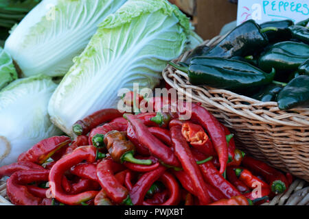 Le poivron et le chou napa à vendre à un marché de producteurs dans le Nouveau Mexique. Banque D'Images