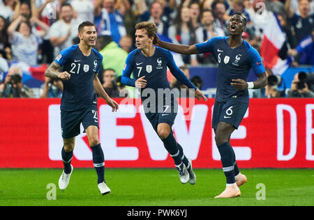 Paris, France. 16 octobre, 2018. Antoine GRIEZMANN, FRA 7 shoot but pour 1-1 Manuel NEUER, DFB 1 gardien de but, ils applaudissent, joie, émotions, célébrer, rire, ils applaudissent, se réjouir, de déchirer les bras, serrant le poing, de célébrer la fête, Paul POGBA, FRA 6 Lucas HERNANDEZ, FRA 21 FRANCE - ALLEMAGNE Football Ligue des Nations Unies, de la saison 2018/2019, 16 octobre 2018 Paris, France. © Peter Schatz / Alamy Live News Banque D'Images