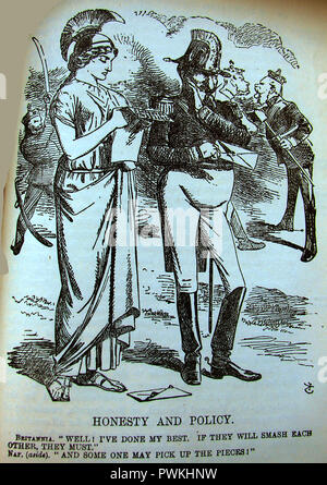 Victorian caricature politique relatives à la guerre austro-prussienne (sept semaines de guerre ou guerre fraternelle) montrant Britannia (Grande-Bretagne) et Napoléon qui était à la recherche de 'rich pickings' dans le conflit Banque D'Images