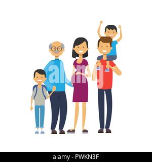 Parents grands-parents petits-enfants, multi generation family, pleine longueur avatar sur fond blanc, happy family together concept, arbre de genre télévision cartoon Illustration de Vecteur