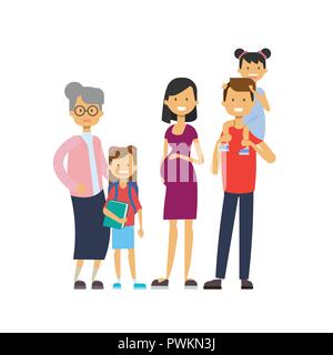 Parents grands-parents petits-enfants, multi generation family, pleine longueur avatar sur fond blanc, happy family together concept, arbre de genre télévision cartoon Illustration de Vecteur