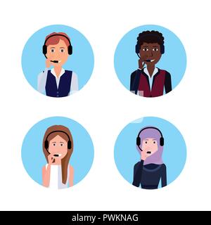 Mélanger divers course casque call center agent client assistance en ligne, l'opérateur de service clientèle et technique, l'icône de chat concept, design plat espace copie Illustration de Vecteur