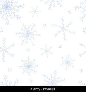 Beau motif transparent bleu avec des flocons de neige dessinés à la main, sur fond blanc. Conception de Noël pour le tissu et la surface. Illustration de Vecteur