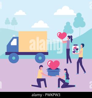 Les volontaires aident les gens de camion faire un don fort amour coeurs vector illustration Illustration de Vecteur