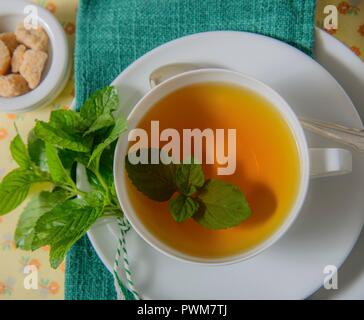 Thé de menthe poivrée avec feuilles de menthe poivrée Banque D'Images