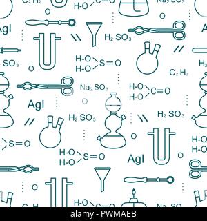 Vecteur scientifique modèle transparent avec des ballons, des brûleurs, des entonnoirs, des outils et des formules. Éléments de l'éducation. Chimie, biologie, médecine. Illustration de Vecteur