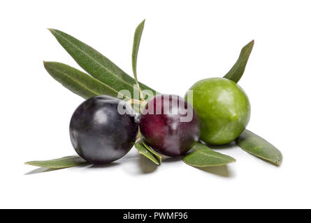 Trois olives colorées isolé, en trois couleurs Banque D'Images
