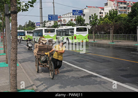 Woman pulling trois roues trike empilé avec du carton pour le recyclage, Shanghai, Chine Banque D'Images