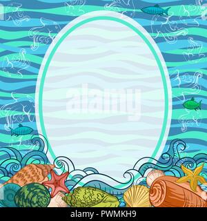 Modèle exotiques de la mer, coquillages, poissons, étoiles de mer et des contours colorés sur un fond vague bleue et verte. Vector Illustration de Vecteur