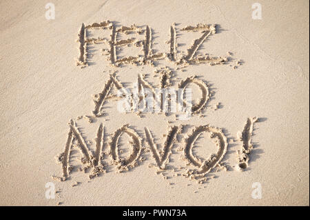 Feliz Ano Novo message (Bonne Année en portugais) à la main sur le sable doux de la plage de Copacabana à Rio de Janeiro, Brésil Banque D'Images