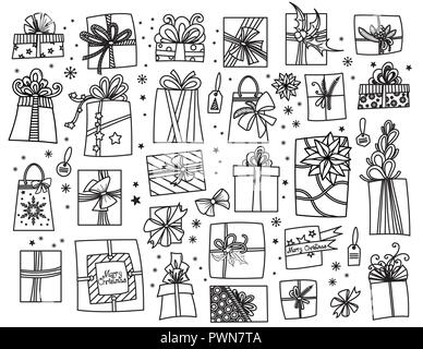 Doodle jeu de cadeaux de Noël. Hand drawn cartoon boîtes cadeaux de formes diverses. Vector illustration isolé sur blanc. Éléments de design collection. Illustration de Vecteur