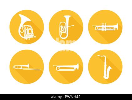 Ensemble de cuivres de l'Orchestre Musical Instruments. Vector Icons isolé sur blanc. Plus d'un instrument de musique en portefeuille. Illustration de Vecteur