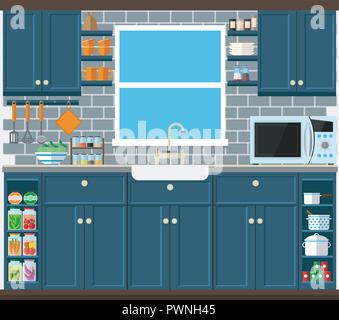 Cuisine moderne et élégant avec des meubles et des ustensiles. Set de cuisine de plats et des armoires, vector illustration. Illustration de Vecteur