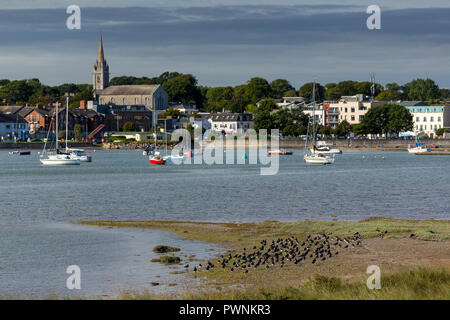 L'estuaire de Malahide Dublin avec sacs d'huîtres sur les sables bitumineux. Banque D'Images