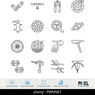 Location Pièces de Rechange ligne vectorielle Icons Set. Bike Shop, l'entretien et la réparation des symboles linéaire. Pixel design parfait. Avc. modifiable Régler l'épaisseur de ligne. Étendre à n'importe quelle taille. Changement à n'importe quelle couleur. Illustration de Vecteur