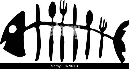 Squelette de poisson faite de la coutellerie - Illustration, icône d'os de poissons sur fond blanc, l'icône de la ligne de squelette de poisson Illustration de Vecteur