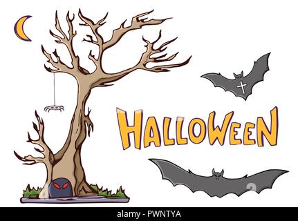 Cartoon couleur des formes sur thème de l'Halloween. Arbre, lune, chauve-souris, araignée. Vector fait main lettrage. Isolé sur fond blanc. Vector illustration. Illustration de Vecteur