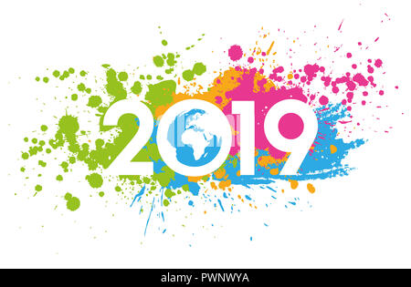 Nouvelle année 2019 avec les taches colorées peintes date, carte du monde à l'intérieur Banque D'Images