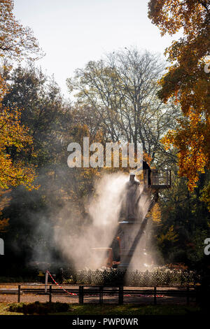 17 octobre 2018, Berlin : un homme nettoie le monument à la Reine Luise sur Luiseninsel dans le Tiergarten avec un nettoyeur à haute pression. Photo : Christoph Soeder/dpa Banque D'Images