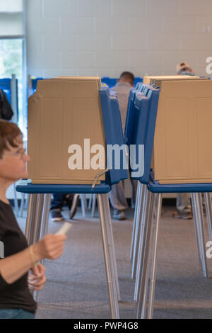 Raleigh, Caroline du Nord, USA. 17 Oct, 2018. Les mains des bénévoles de "J'ai voté début' autocollants aux électeurs qu'il quitte le lieu de scrutin. Crédit : Michael Reilly/Alamy Live News Banque D'Images