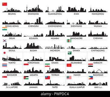 Toits de villes asiatiques grand ensemble de silhouettes vecteur ville Illustration de Vecteur