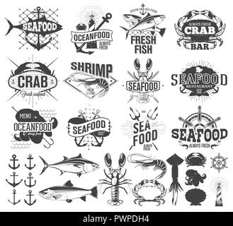 Les étiquettes de fruits de mer, le logo et l'illustration, éléments de design pour votre conception de modèle Illustration de Vecteur