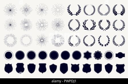 Vector set sunburst couronnes de lauriers et de boucliers des éléments pour créer votre design Illustration de Vecteur