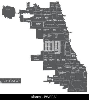 Carte vectorielle du district de Chicago plan détaillé de la ville, les districts et les quartiers Illustration de Vecteur