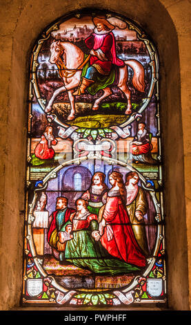 France, Gironde, Verdelais, clocher de la basilique Notre-Dame, vitrail représentant un miracle du 17ème siècle et Bernard de Nogaret, duc de Foix à cheval (19ème siècle) Banque D'Images