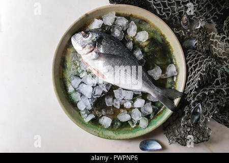 La dorade vidé non cuites brutes ou dorado poisson sur une plaque en céramique avec de la glace de mer et les filets de pêche et de coquilles sur fond de marbre blanc. Télévision lay, cop Banque D'Images