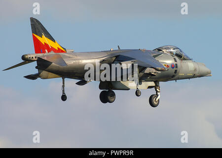 RAF, Royal Air Force BAe Harrier GR9 avion de chasse à saut planant, volant à un spectacle aérien. Système de queue d'éclair. Dans le survol Banque D'Images