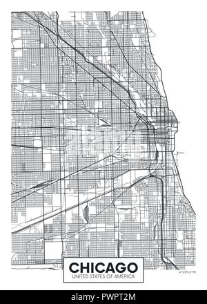 Poster vector map city Chicago plan détaillé de la ville, les rivières et les rues Illustration de Vecteur