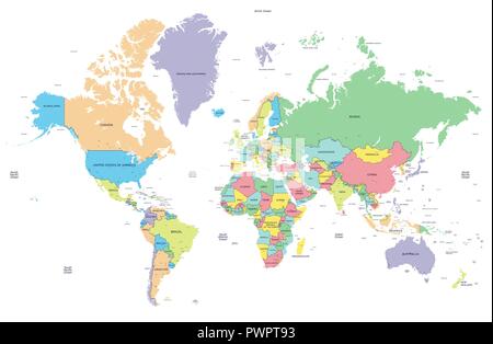 Carte du monde politique en pointillé avec les capitales d'illustration vectorielle détaillée Illustration de Vecteur