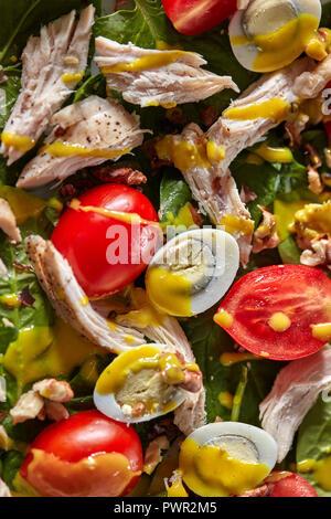 Clos-up fond coloré naturel avec des ingrédients de salade maison - nettoyer les légumes verts frais, tomates, viande de poulet, œufs de caille et la moutarde. Banque D'Images