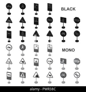 Différents types de panneaux routiers icônes noires dans set collection pour la conception. Les panneaux d'interdiction et d'avertissement symbole vecteur illustration de stock. Illustration de Vecteur