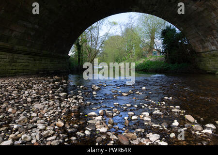 Vue depuis le dessous d'un pont voûté sur la rivière Skell à Ripon, North Yorkshire, Angleterre, Royaume-Uni. Banque D'Images