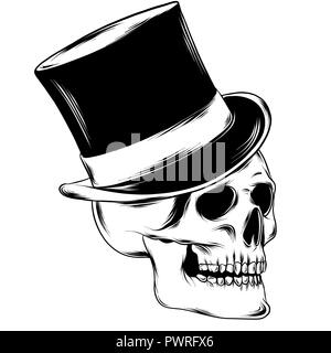 Illustration noir et blanc de crâne humain avec une mâchoire inférieure à l'encre à la main style. Banque D'Images