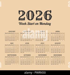 L'année 2026 calendrier rétro. Semaines commencent le lundi Illustration de Vecteur