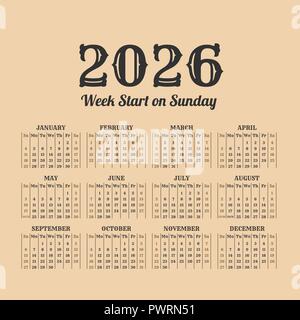 L'année 2026 calendrier rétro. Semaines commencent le dimanche Illustration de Vecteur