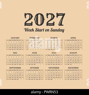 L'année 2027 calendrier rétro. Semaines commencent le dimanche Illustration de Vecteur