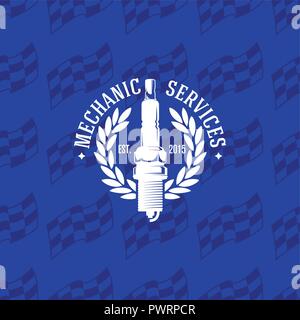 Logo du service mécanicien sur motif drapeau à damier transparent, vector illustration modèle pour la conception de votre logo Illustration de Vecteur