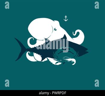 Silhouette d'octopus de fruits de mer, du thon, du crabe et de la crevette, vector illustration modèle pour la conception de votre logo Illustration de Vecteur