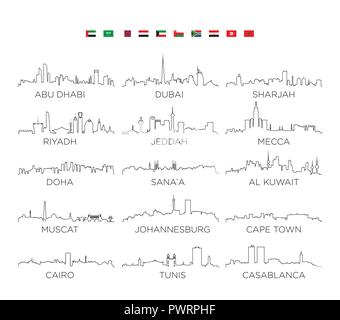 Péninsule arabique et l'Afrique skyline city line art, vector Illustration design jeu de vector silhouettes ville Illustration de Vecteur