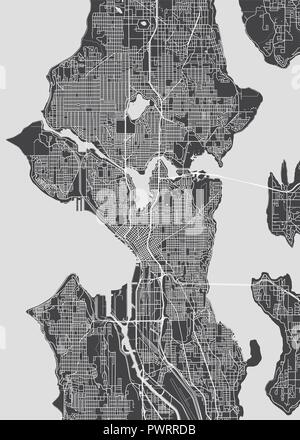 Plan de la ville Seattle, monochrome plan détaillé, vector illustration plan détaillé de la ville, les rivières et les rues Illustration de Vecteur