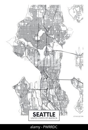 Plan de la ville de Seattle, vecteur de déplacement d'affiches plan détaillé de la ville, les rivières et les rues Illustration de Vecteur