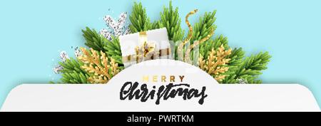 Bannière de Noël. Décorations de Noël en arrière-plan de conception des branches d'arbres de pin d'argent avec des flocons de neige, cadeaux réaliste coloré Illustration de Vecteur