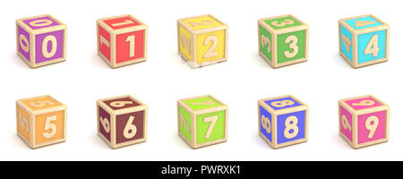 Collection numéro wooden alphabet blocks font 3D render illustration isolé sur fond blanc Banque D'Images